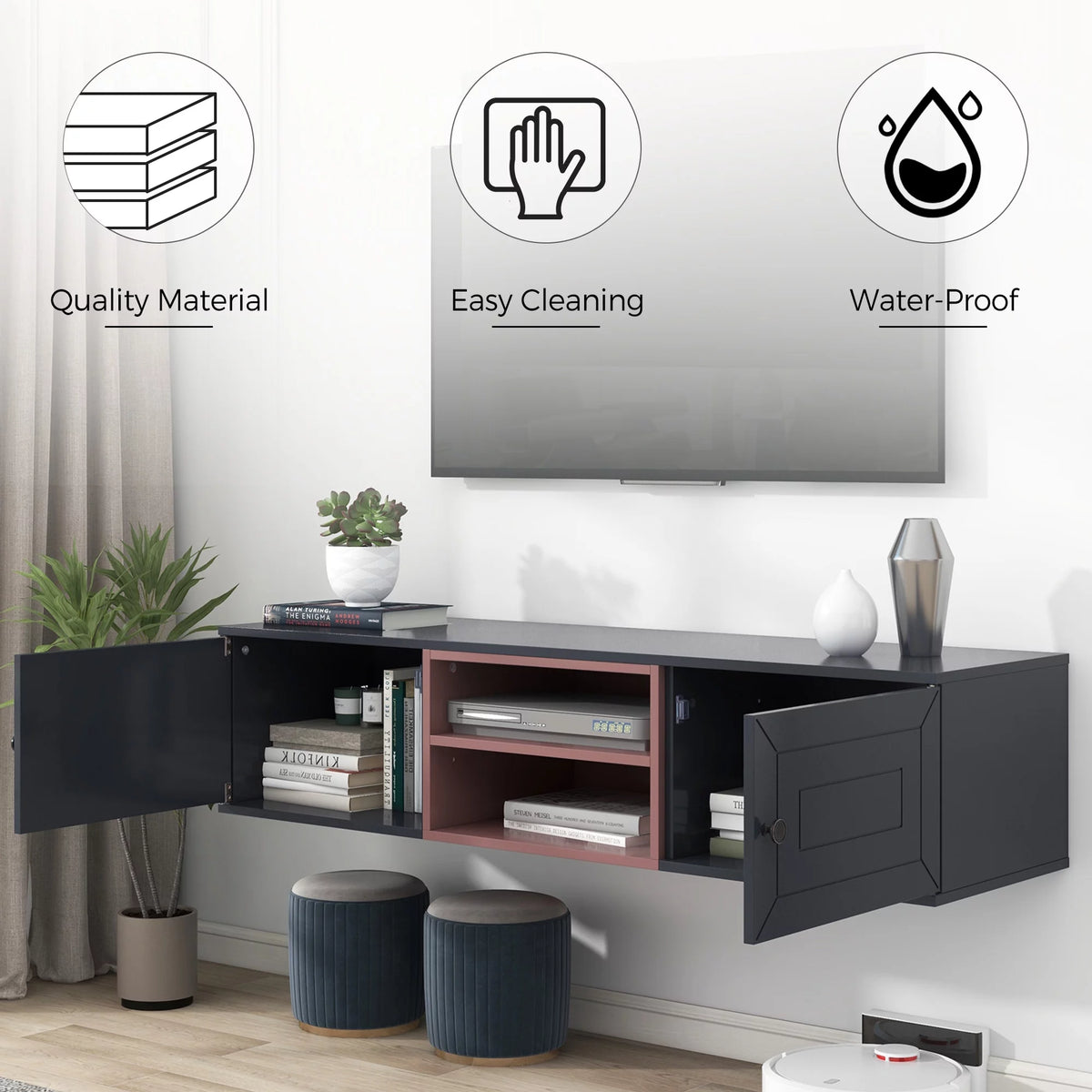 Black Wall Mounted TV Stand with 2 Storage Cabinet N626