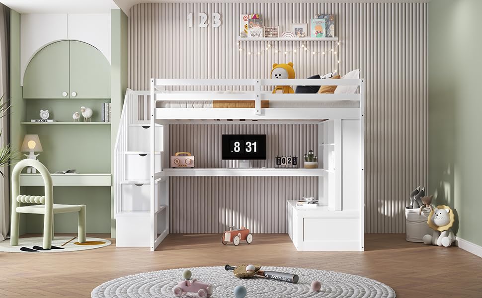 White Full Size Loft Bed with L-Shaped Desk, Wardrobe and Storage Shelves P1178
