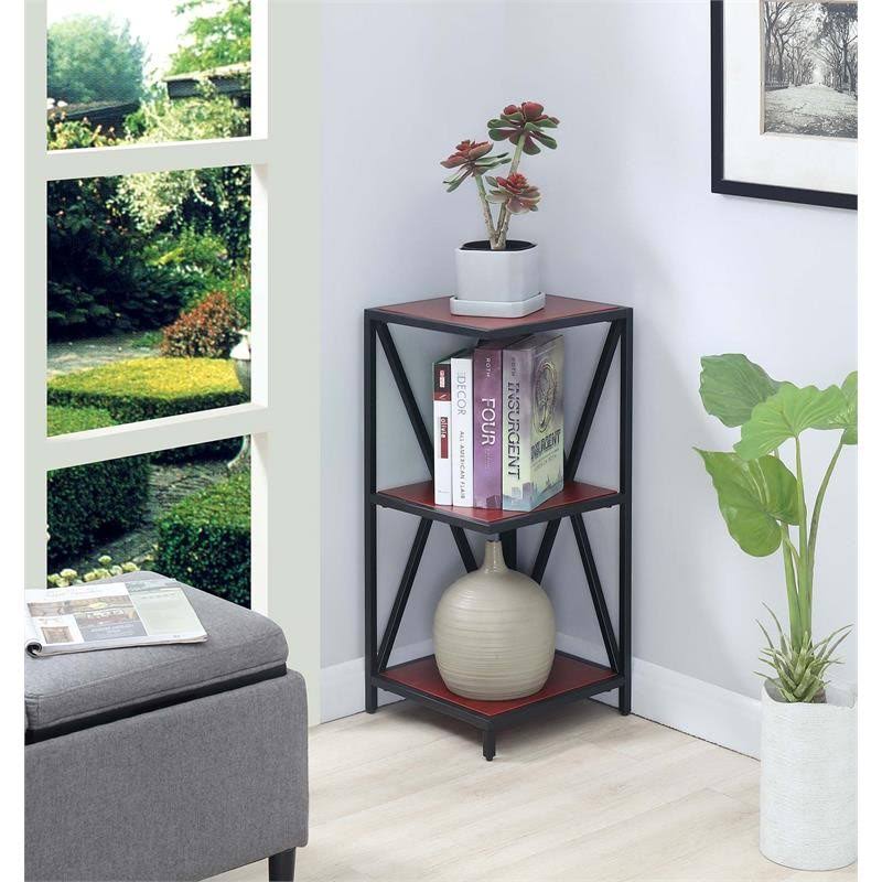 Cherry Wood Metal Three-Tier Corner Bookcase E241