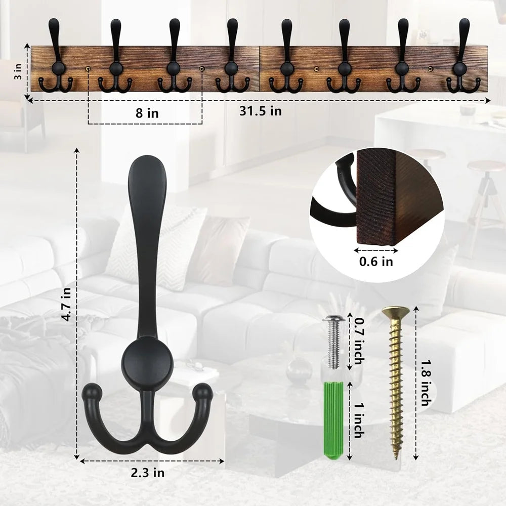 Wall Mounted Coat Rack 31.5'' Wooden Burnt Brown with 8 Black Hooks M98962