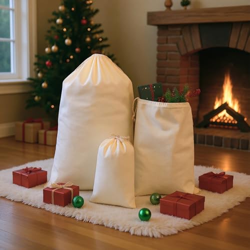 12 Pcs Christmas Sack with Drawstring Cotton Laundry Bag B586135