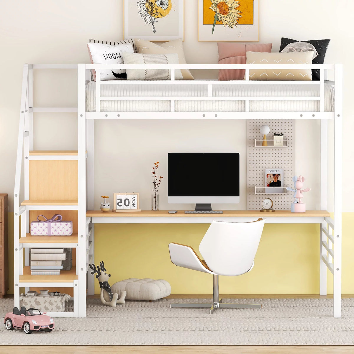 White Full Size Metal Loft Bed with Desk and Storage Staircase Q861