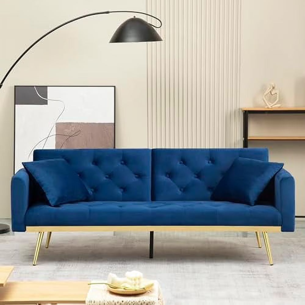 Blue Velvet Convertible Sofa Bed with 2 Pillows P2252