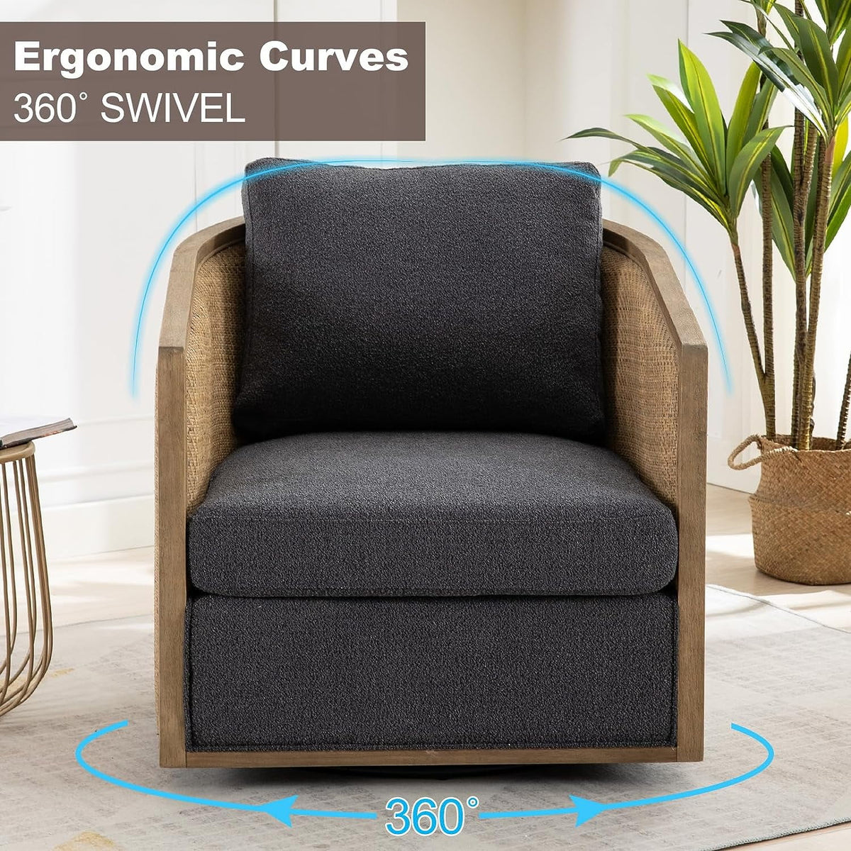 Carbon Black Rattan Swivel Barrel Chair with Arms Q6339