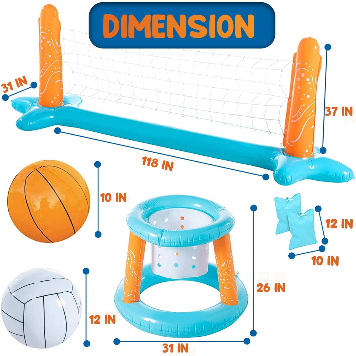 2-in-1 Inflatable Floating Pool Volleyball Basketball Game Set with Weight Bags, Light Blue Z8098