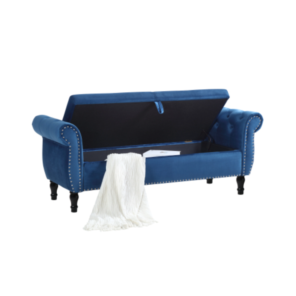 Blue Velvet Storage Bench Ottoman with Pillow R919