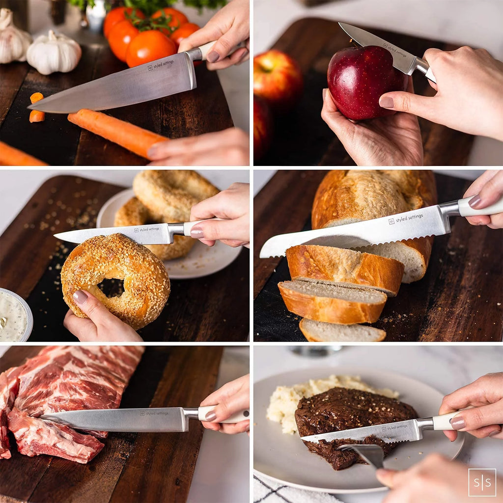 White Stainless Steel Knife Set with Walnut Block X324