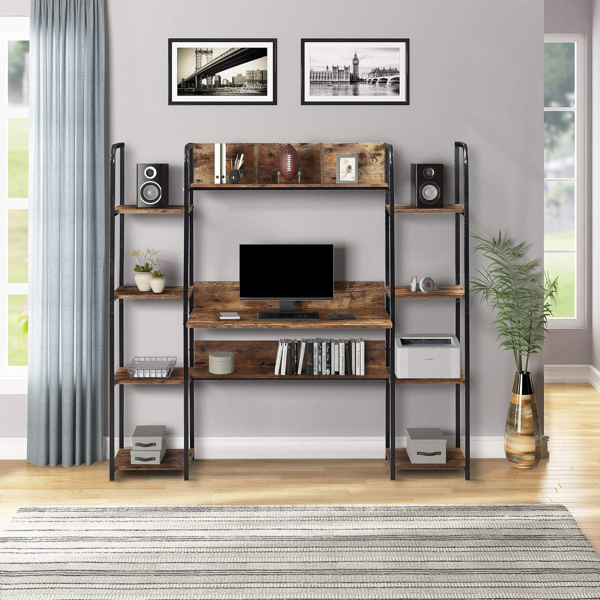 Brown Home Office Hutch and Double Bookcase Desk B3374