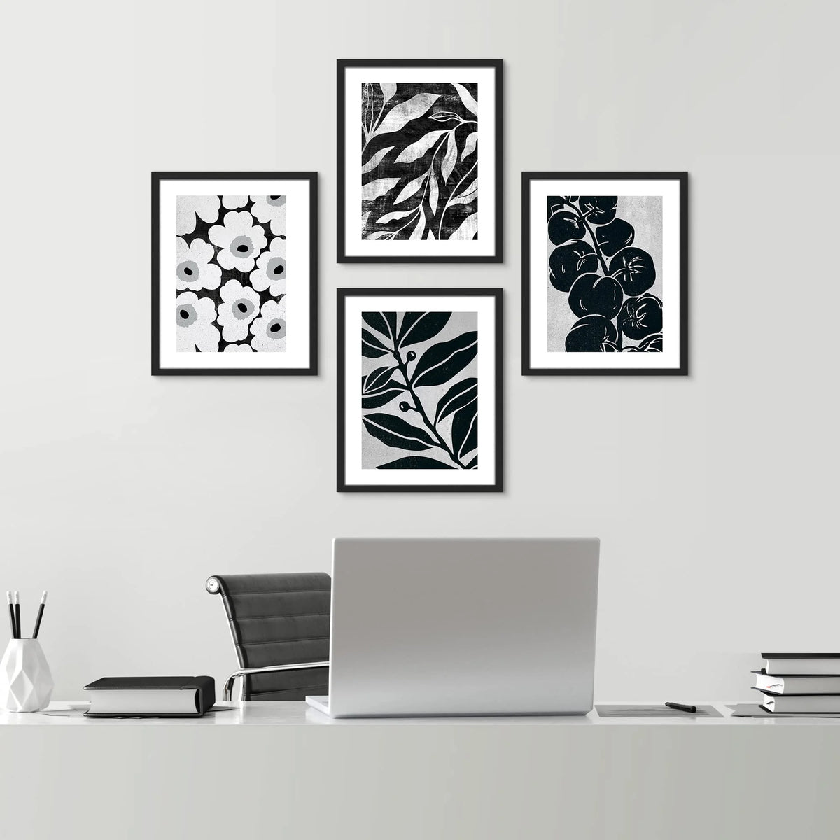 Black & White Floral Botanical Canvas Prints Set of 4 S960