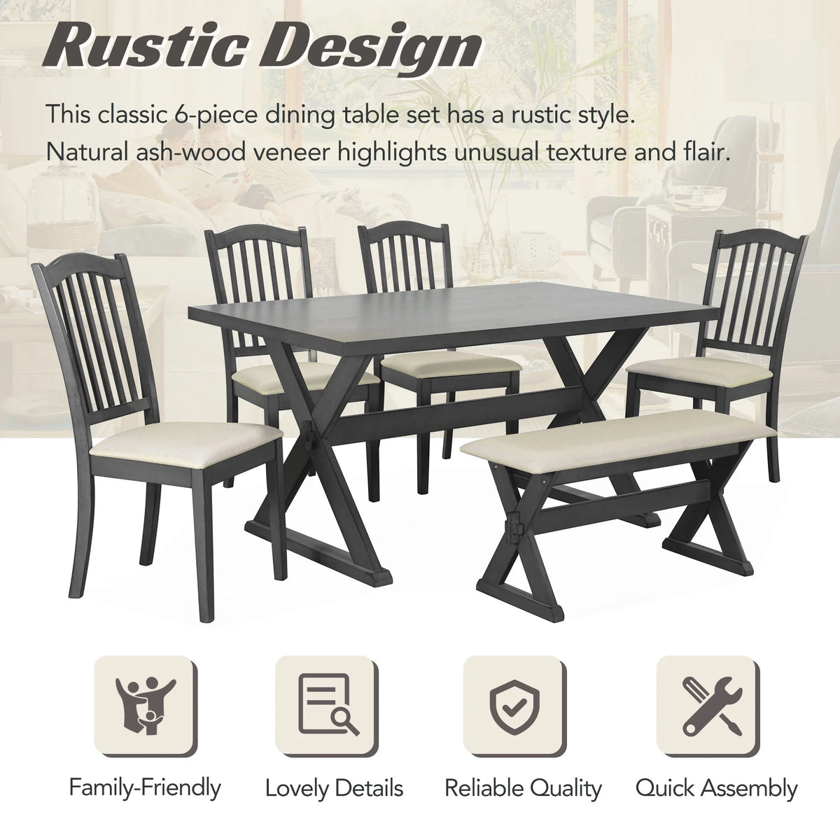 6 Piece Wood Dining Table Set with Bench and 4 Cushioned Chairs K6523