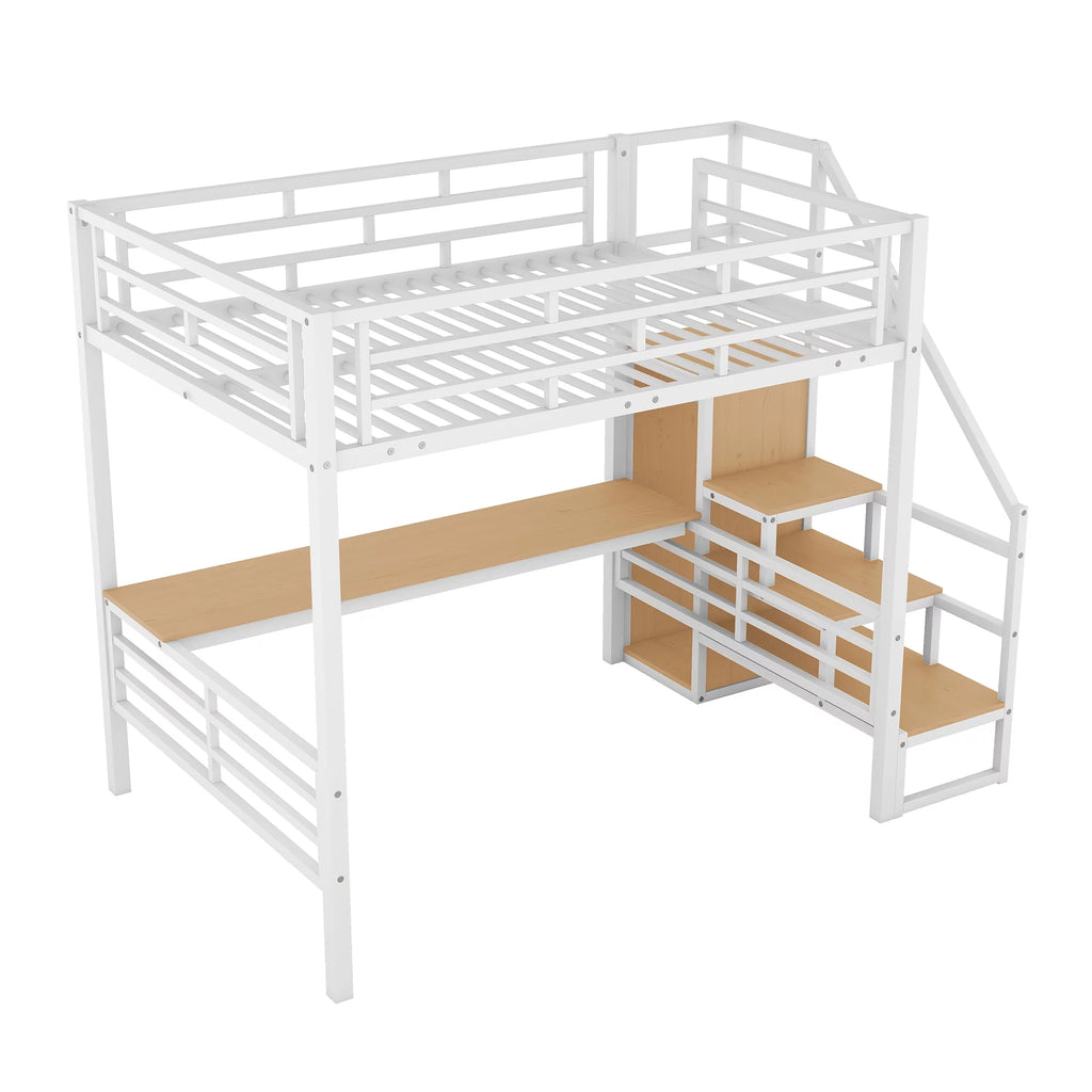White Full Size Metal Loft Bed with Desk and Storage Staircase Q861