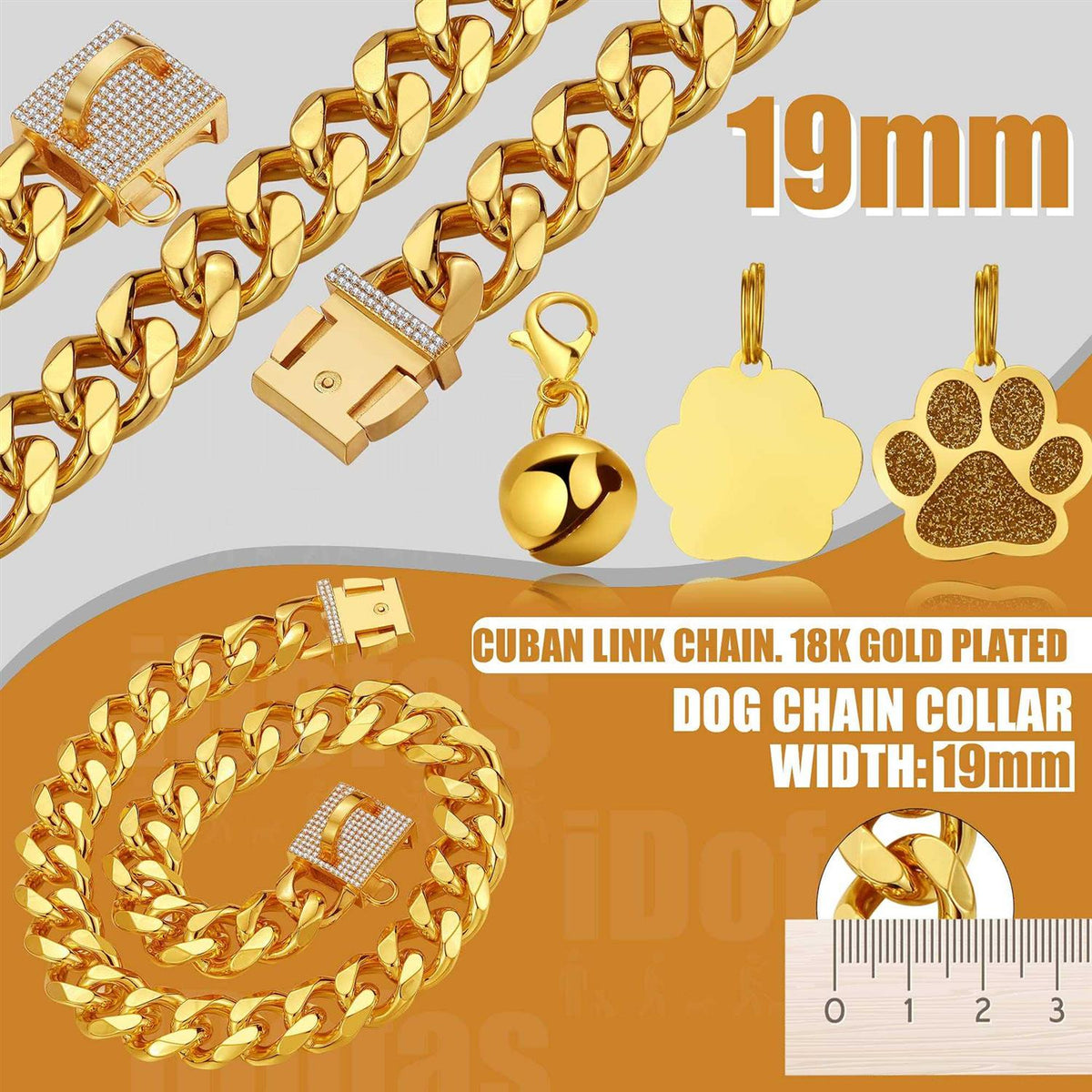 Dog Chain Collar Gold with CZ Buckle 19mm Cuban Link Metal Dog Collar O2309
