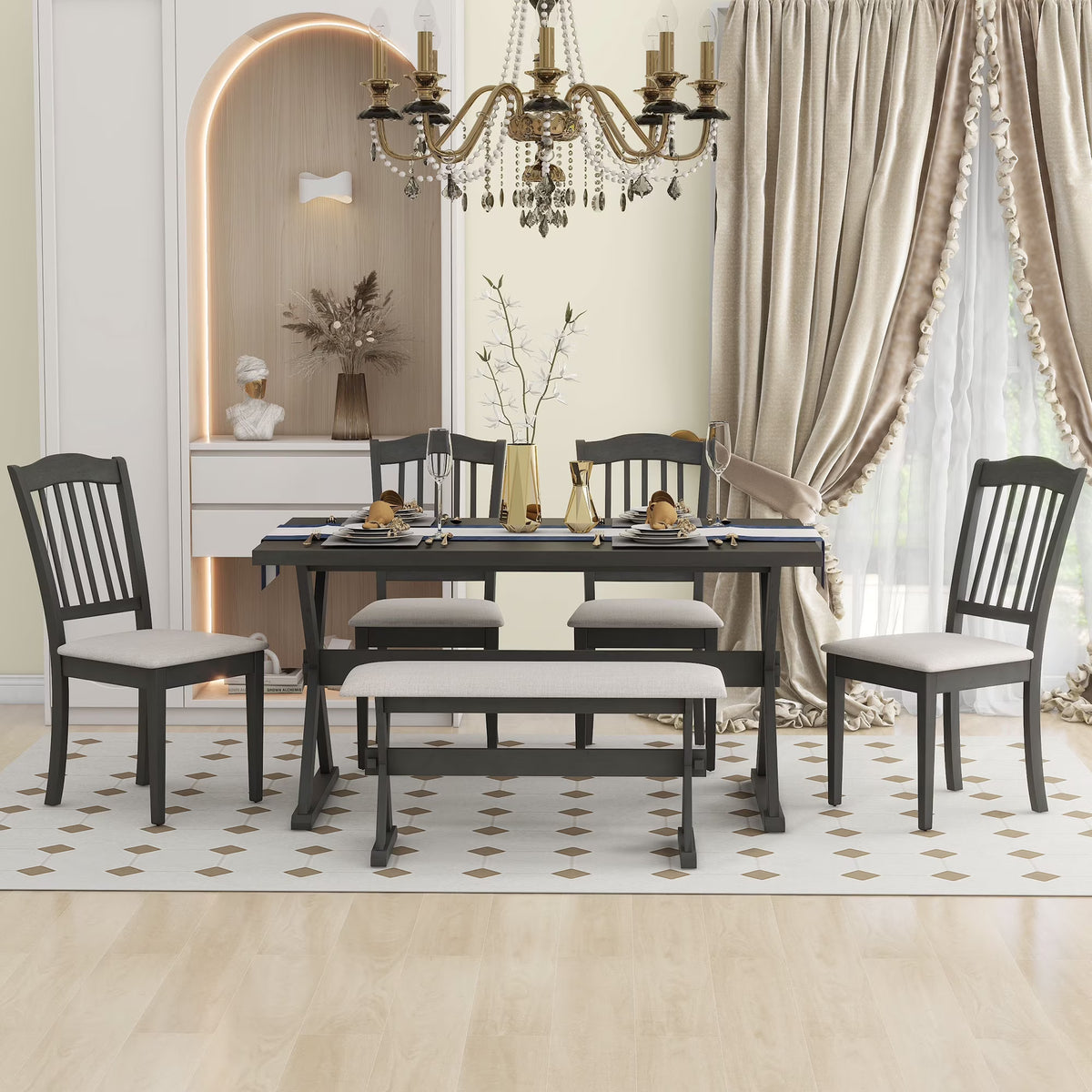 6 Piece Wood Dining Table Set with Bench and 4 Cushioned Chairs K6523
