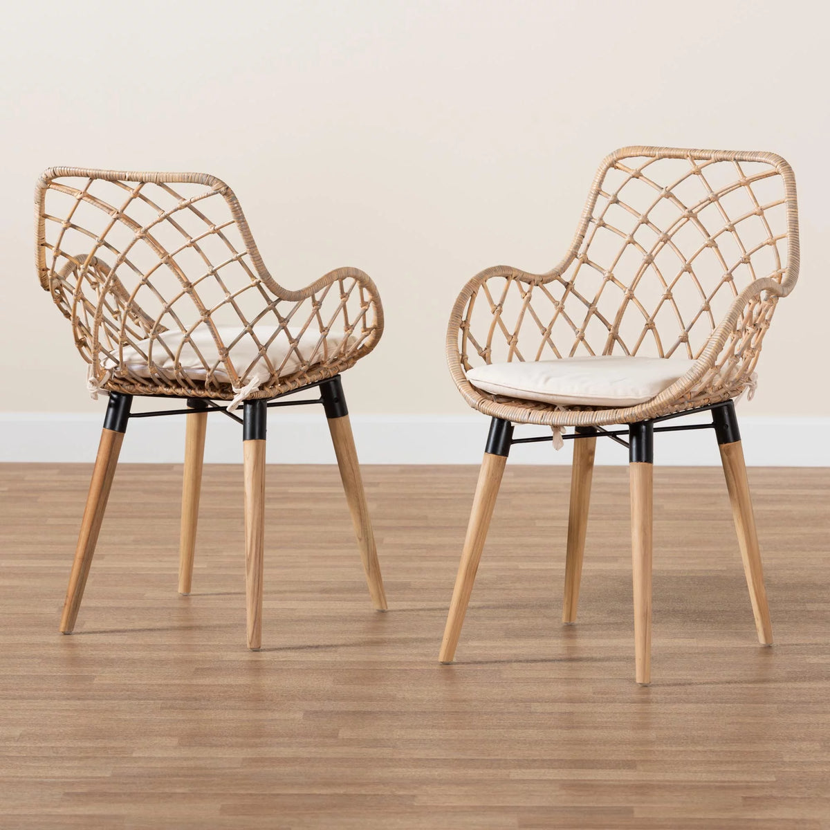 Natural Brown Teak Wood and Greywashed Rattan 2-Piece Dining Chair Set X490