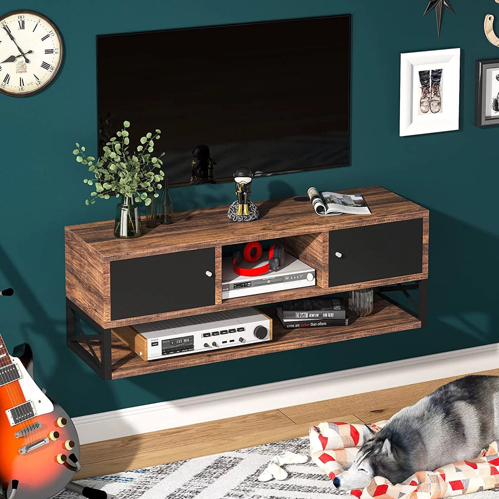 3 Tier Wall Mounted Media Console with Doors Storage E5357