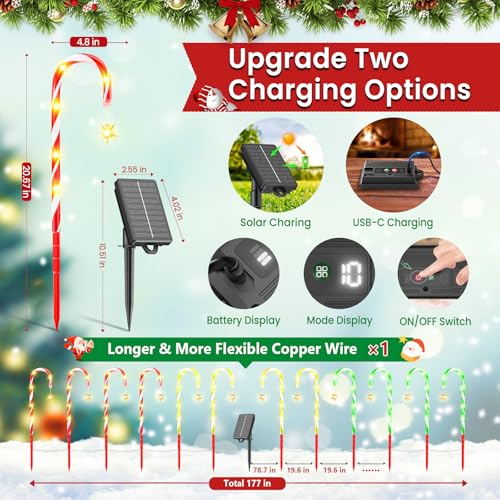 Solar Candy Cane Lights 10 Modes Waterproof 28 FT 72 LEDs C371