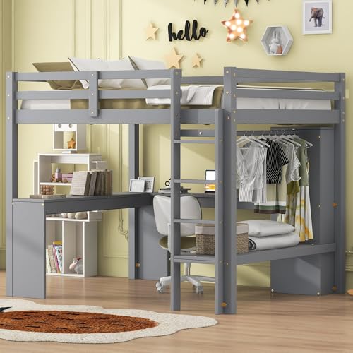 White Full Size Loft Bed with L-Shaped Desk, Wardrobe and Storage Shelves P1178