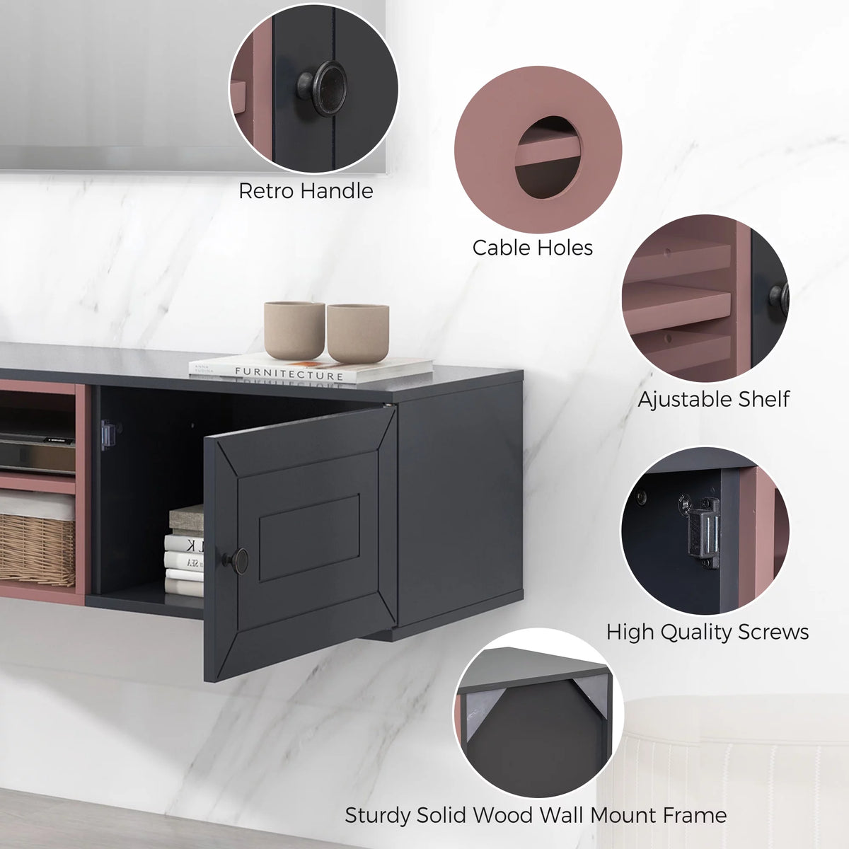 Black Wall Mounted TV Stand with 2 Storage Cabinet N626