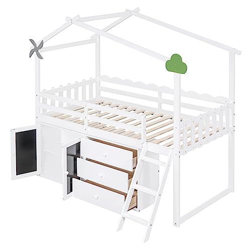 Grey Twin Size Wood Loft Bed with Storage Cabinet and 3 Drawers K170678