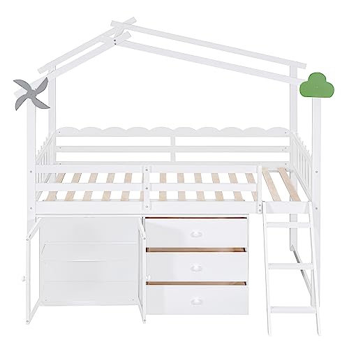 Grey Twin Size Wood Loft Bed with Storage Cabinet and 3 Drawers K170678