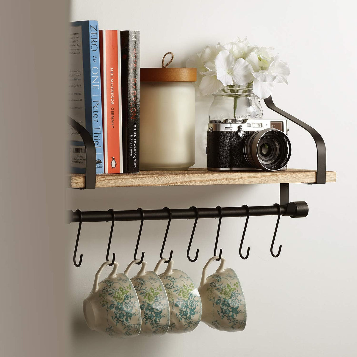 Rustic Wood Shelf with 8 Hooks O39351