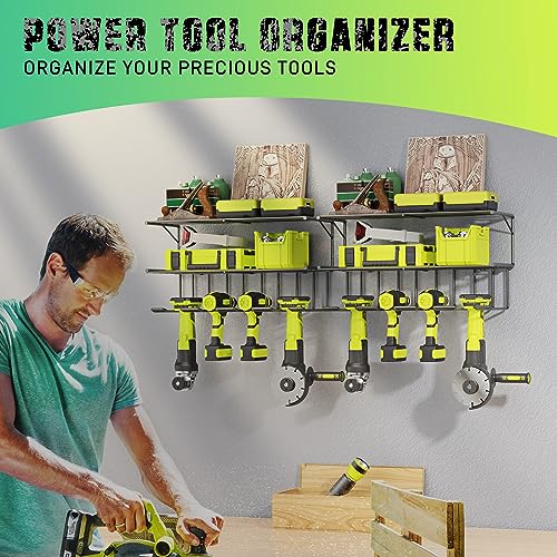 3 Layers Wall Mounted Power Tool Organizer with 4 Drill Holders (2 Pack) V787