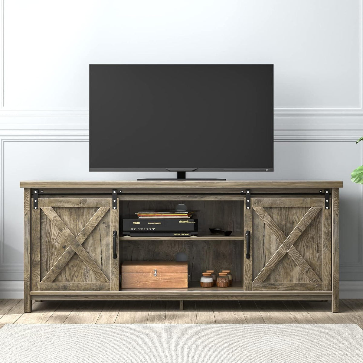 Farmhouse 65 Inch Wooden TV Stand with 2 Sliding Barn Doors D21987