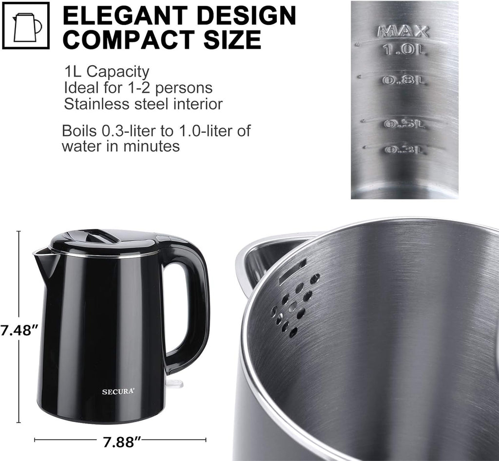 Stainless Steel Double Wall Electric Kettle, 1.0L (Black) H3389