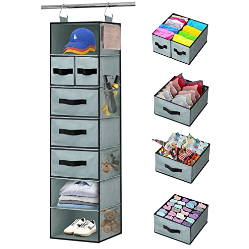 Gray 7-Shelves Hanging Closet Organizer with 5 Drawers and 8 Mesh Pockets F66418