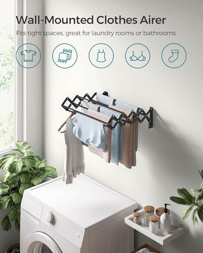 Wall-Mounted Accordion Clothes Drying Rack, 9 Staggered Hanging Rods, Steel E439