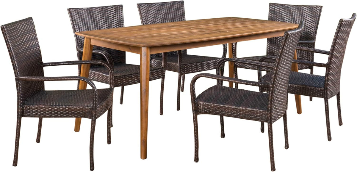 7 Piece Multibrown Wicker and Acacia Wood Dining Set B309