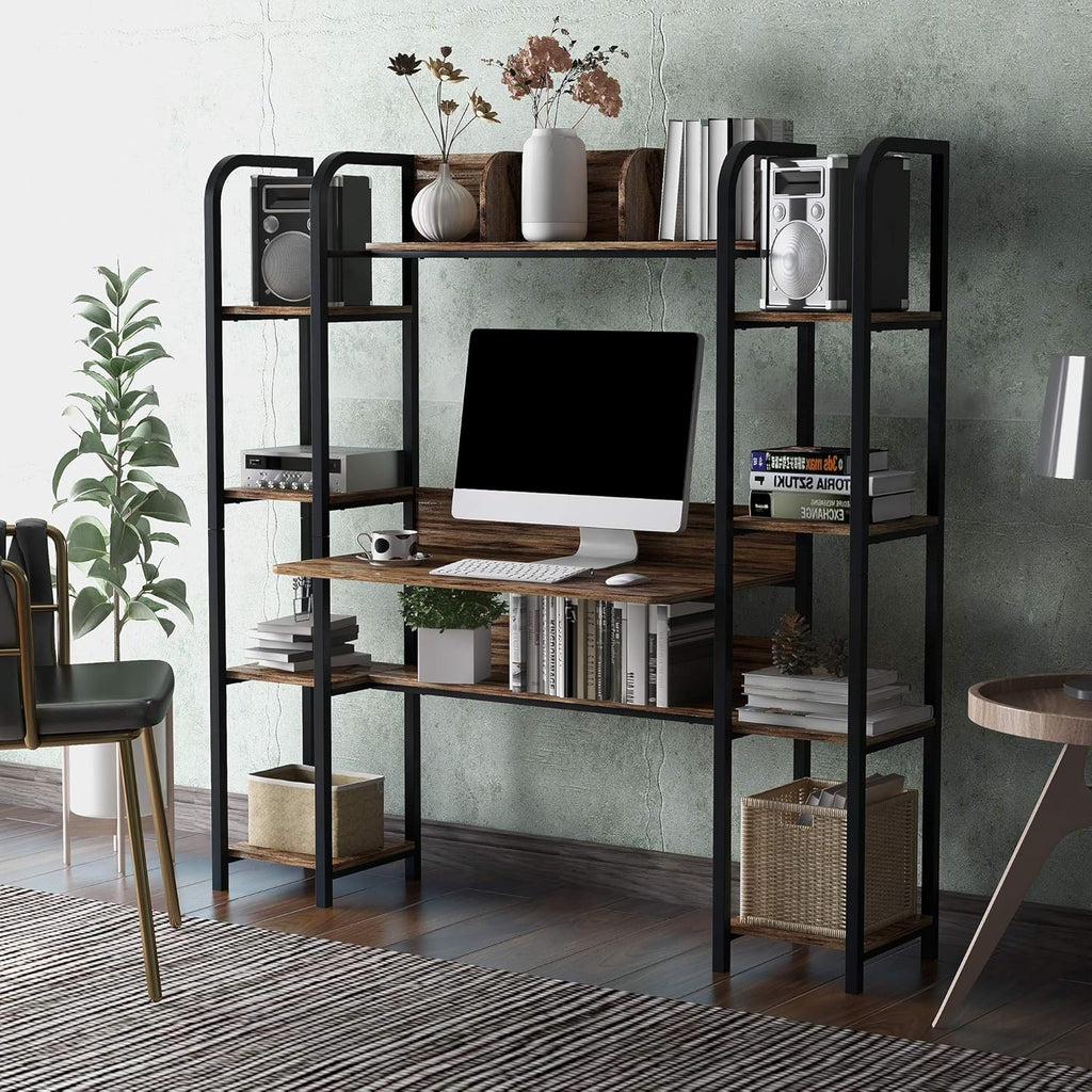 Brown Home Office Hutch and Double Bookcase Desk B3374