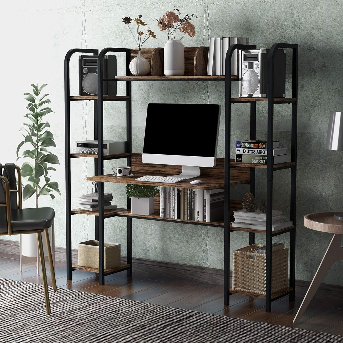Brown Home Office Hutch and Double Bookcase Desk B3374