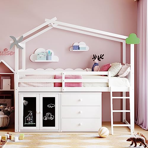 Grey Twin Size Wood Loft Bed with Storage Cabinet and 3 Drawers K170678