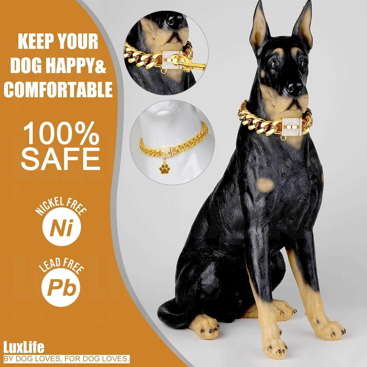 Dog Chain Collar Gold with CZ Buckle 19mm Cuban Link Metal Dog Collar O2309
