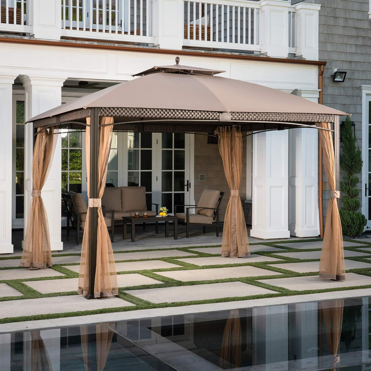 Tan Aluminum and Steel Gazebo with Mosquito Netting Q22118