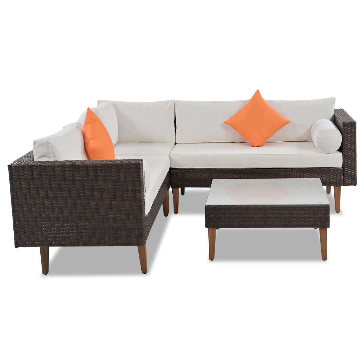 Beige Cushions Brown Rattan L-Shape Outdoor Wicker Sofa Set S68142