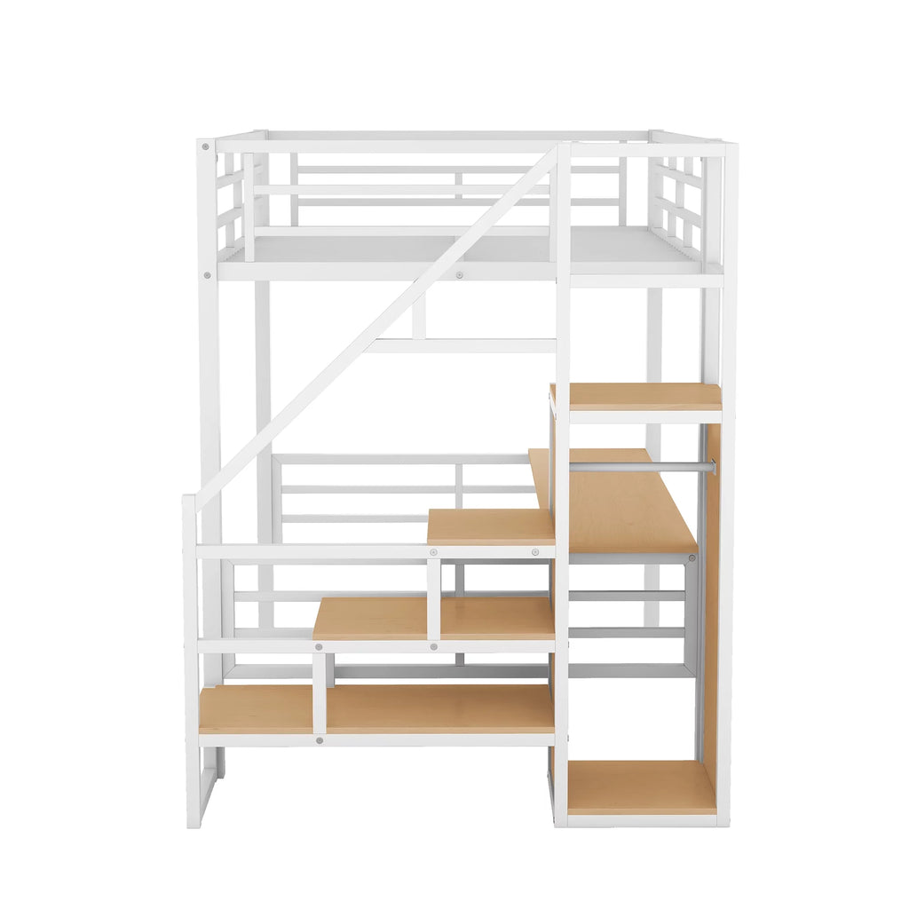 White Full Size Metal Loft Bed with Desk and Storage Staircase Q861