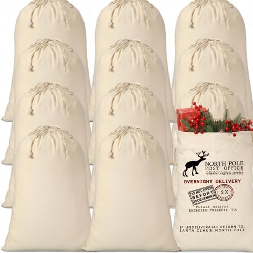 12 Pcs Christmas Sack with Drawstring Cotton Laundry Bag B586135