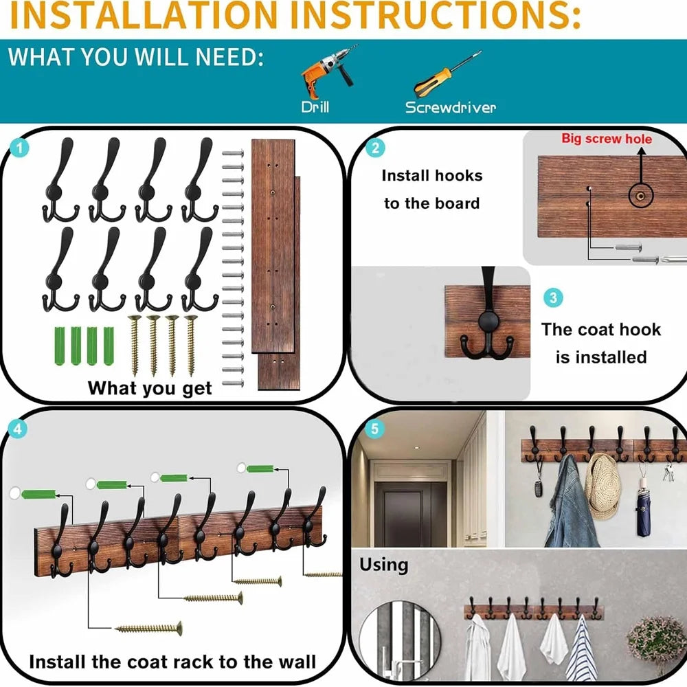 Wall Mounted Coat Rack 31.5'' Wooden Burnt Brown with 8 Black Hooks M98962