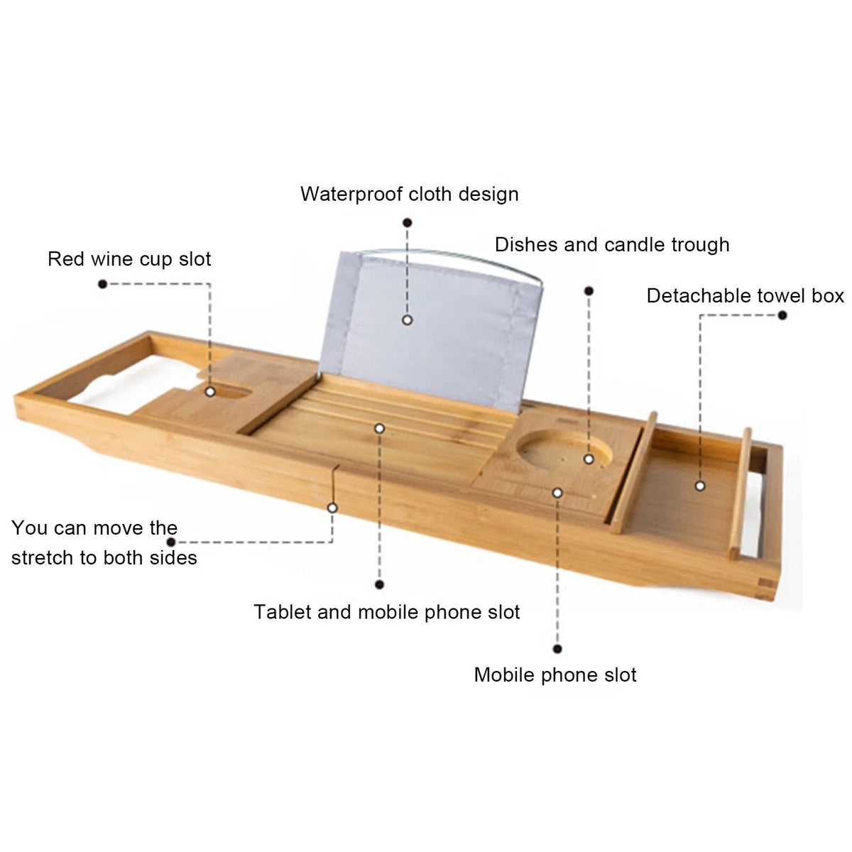Expandable Bamboo Bathtub Caddy Tray with Wine Glass Holder J283