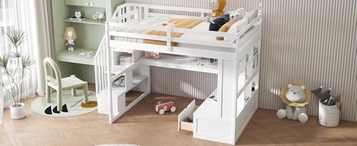 White Full Size Loft Bed with L-Shaped Desk, Wardrobe and Storage Shelves P1178