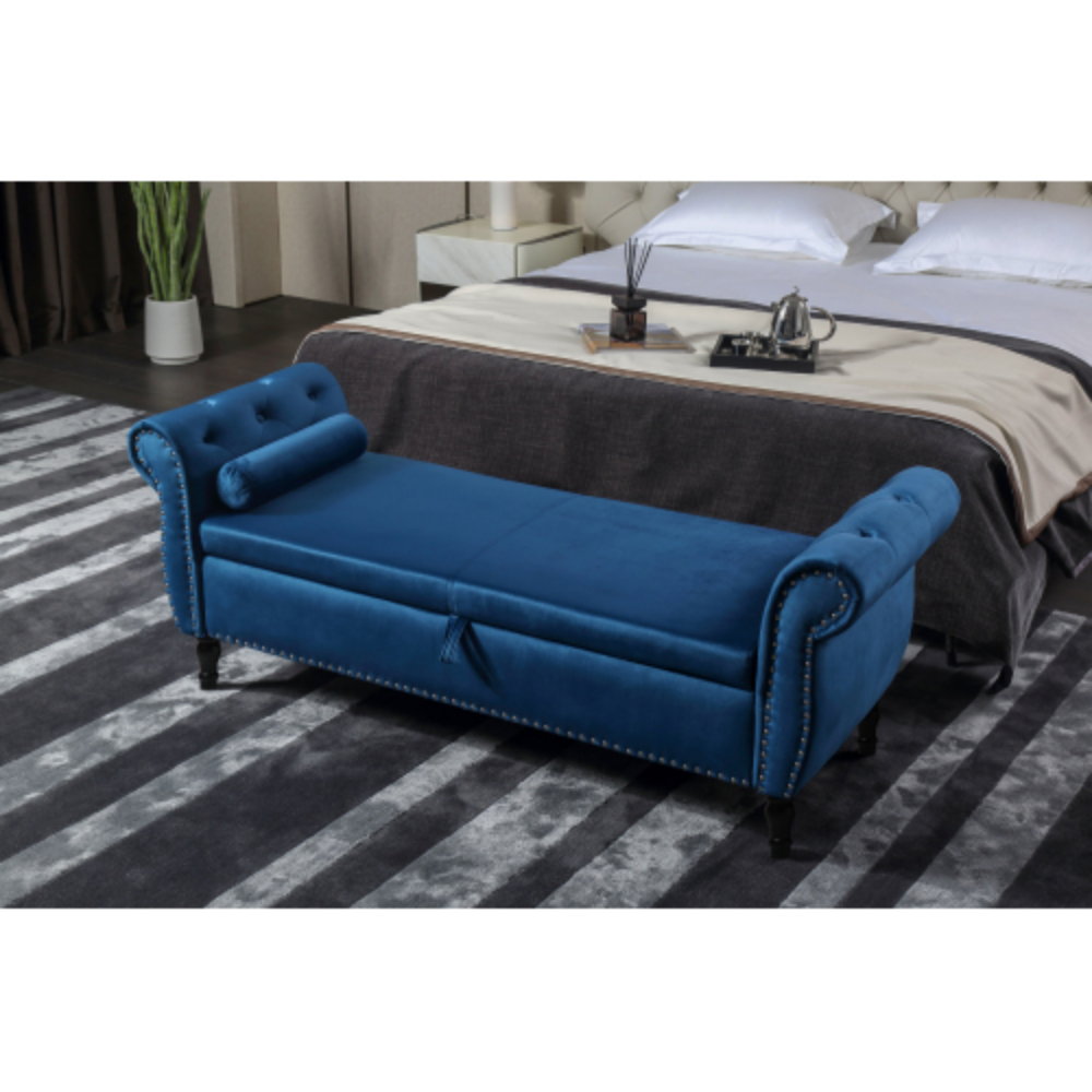 Blue Velvet Storage Bench Ottoman with Pillow R919