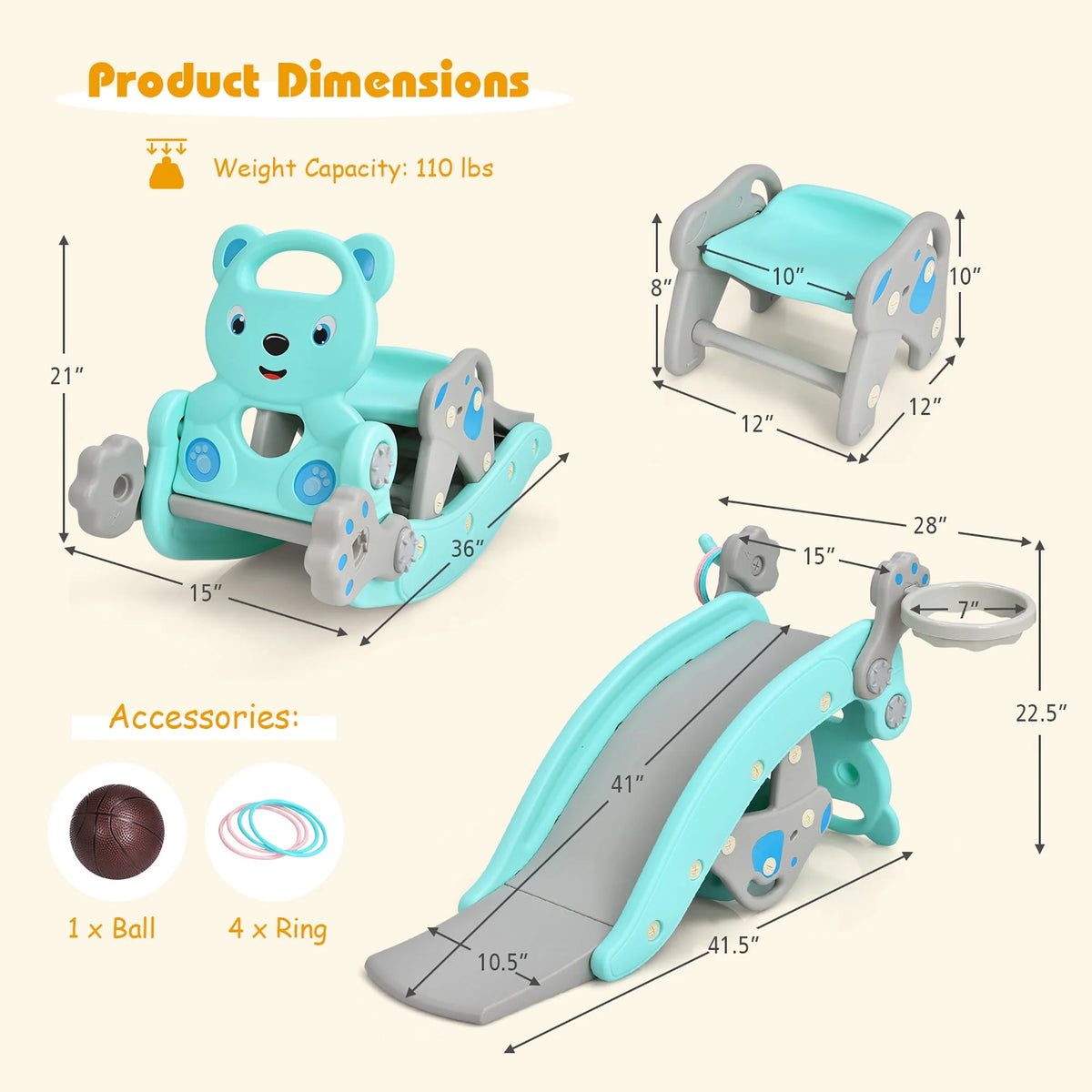 4-in-1 Toddler Slide Playset with Basketball Hoop J676770