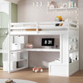 White Full Size Loft Bed with L-Shaped Desk, Wardrobe and Storage Shelves P1178