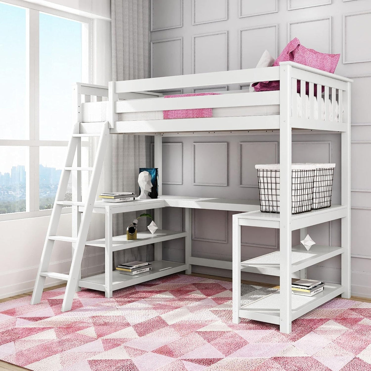 White Twin High Loft Bed with Bookcase I91572