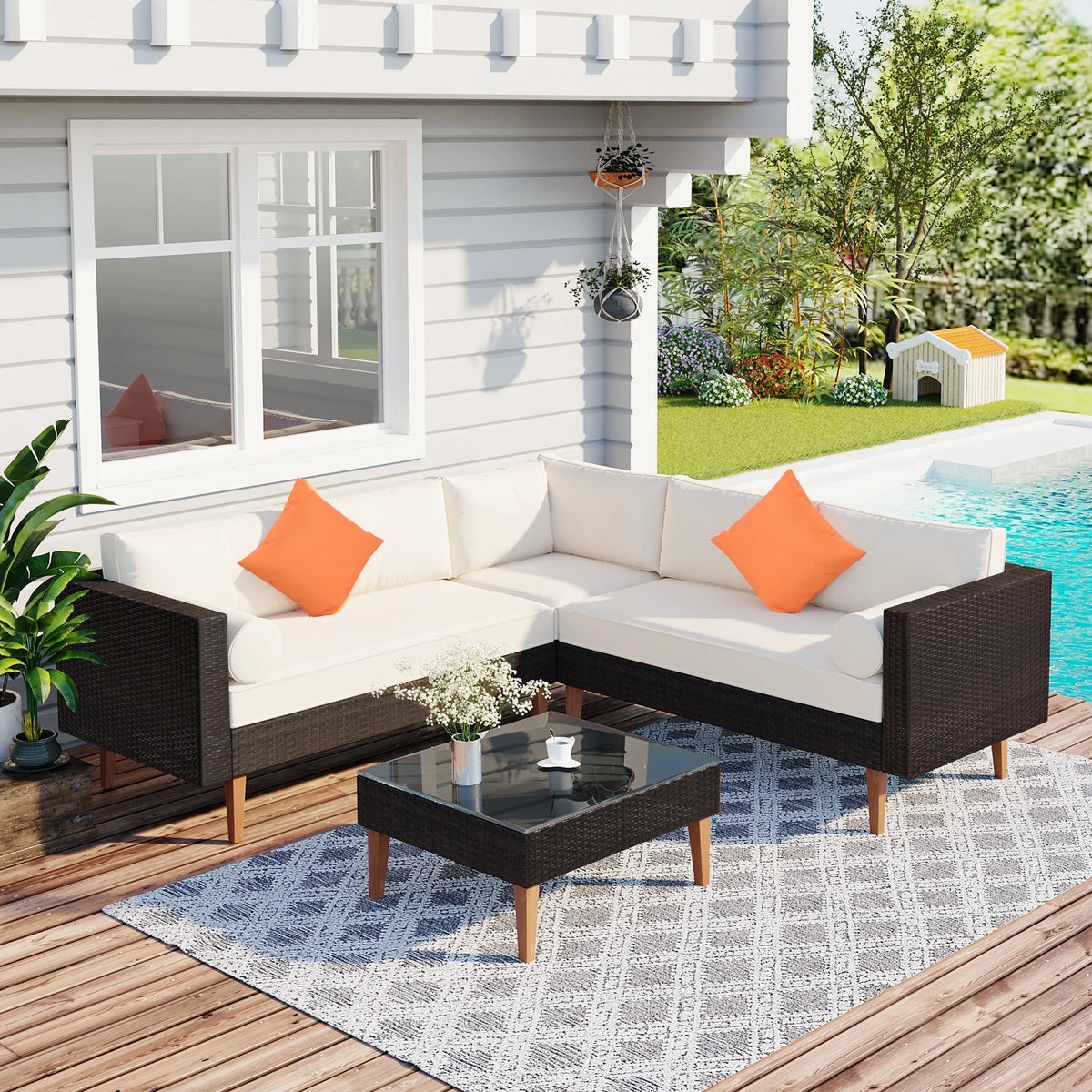 Beige Cushions Brown Rattan L-Shape Outdoor Wicker Sofa Set S68142