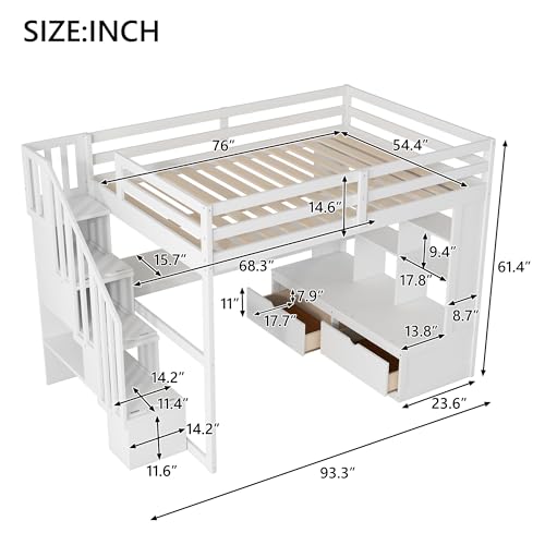 White Full Size Loft Bed with L-Shaped Desk, Wardrobe and Storage Shelves P1178