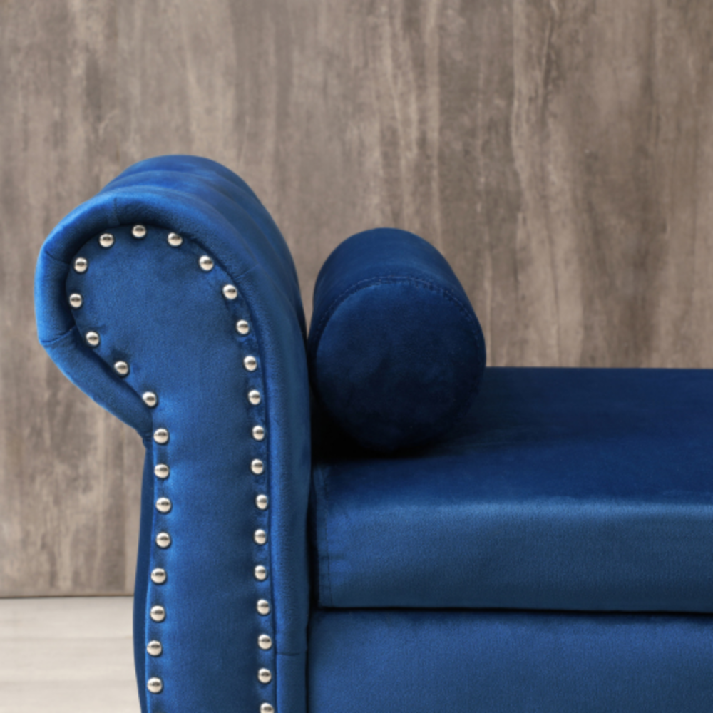 Blue Velvet Storage Bench Ottoman with Pillow R919
