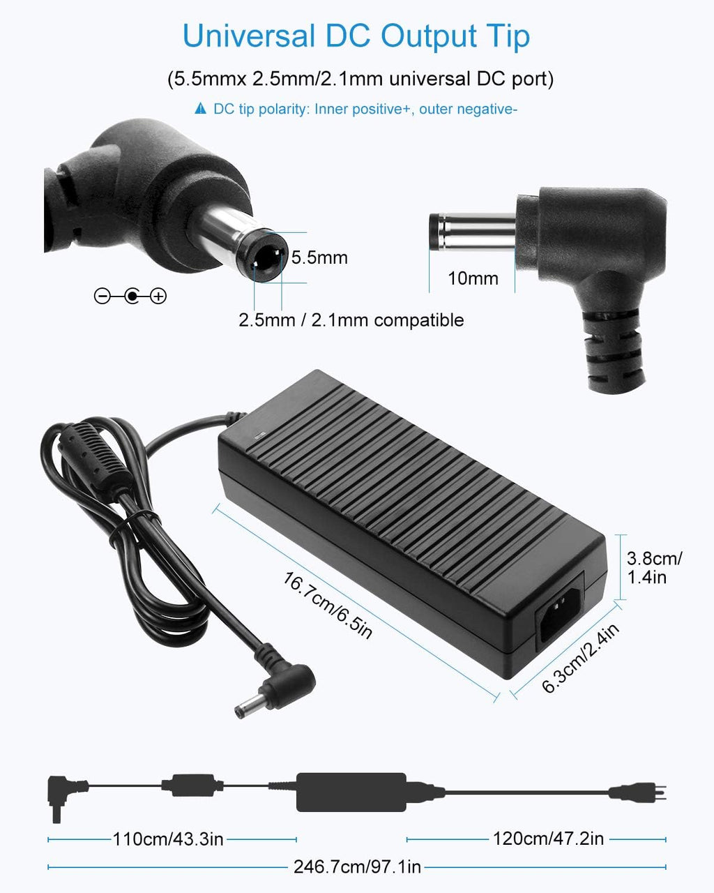 12V 10A 120W AC to DC Power Supply Adapter with 5.5x2.5mm Plug, Pack of 5 N129204